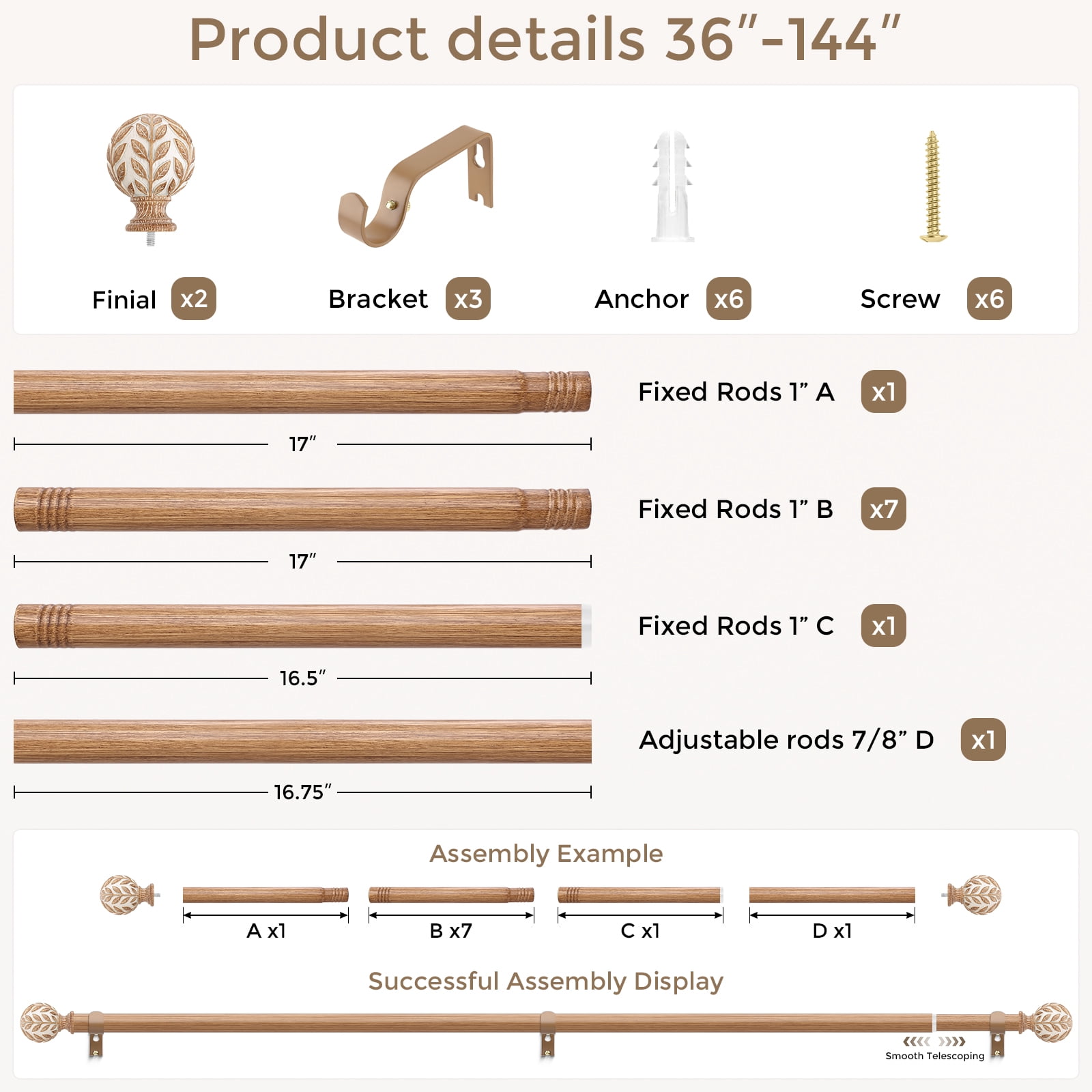 OLV Boho Curtain Rods 36-144" Heavy Duty with Wood Grain Leaf Finial,Burlywood-white