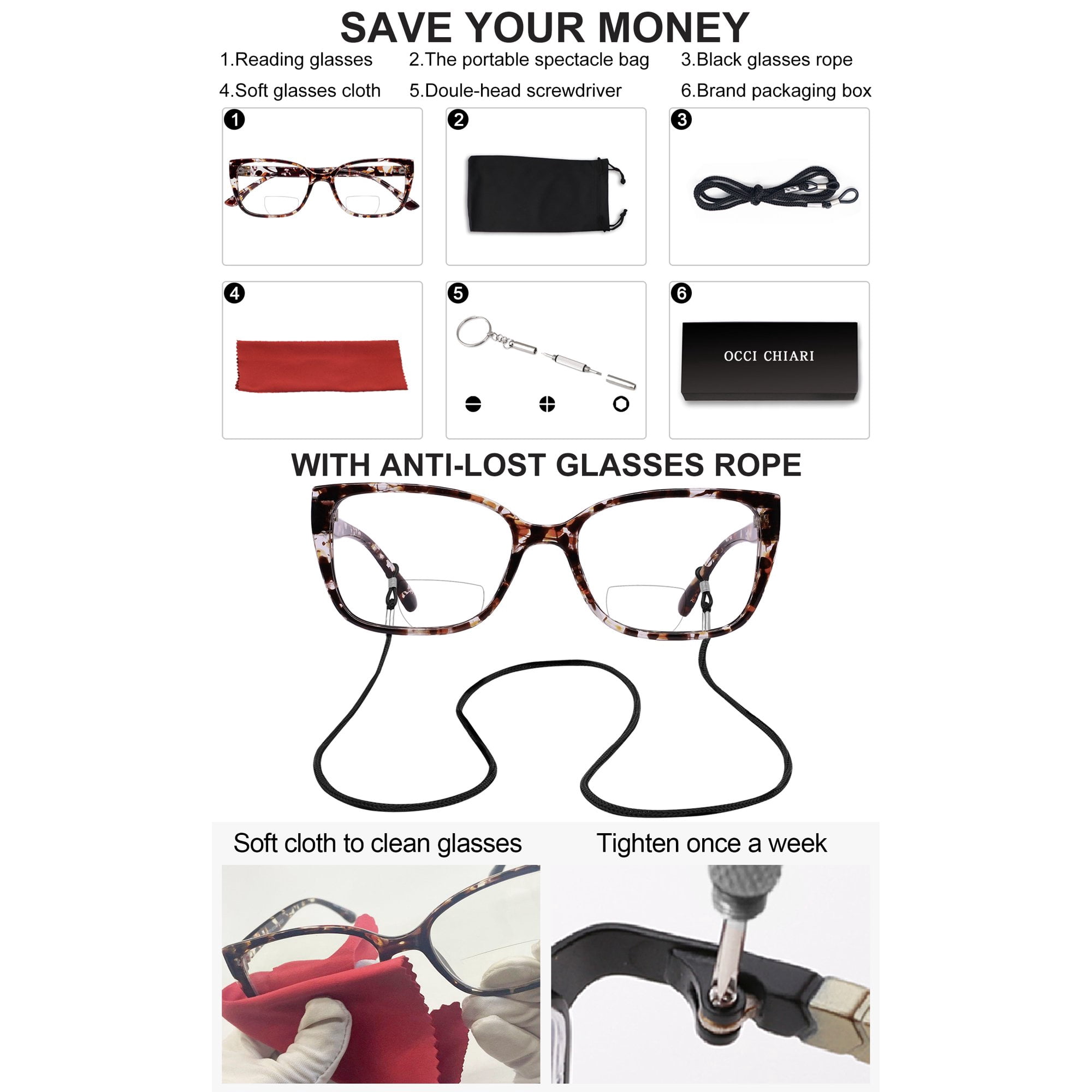 OCCI CHIARI Bifocal Computer Glasses for Women Square Blue Light Readers 1.0 1.5 2.0 2.5 3.0 3.5 (Brown, 1.50) Near Far Vision Dual-use, Acrylic Lens