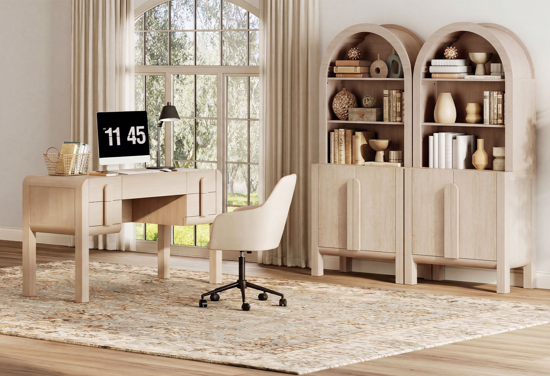 Home Office Set, 53.5" Modern Executive Desk with Charging Station and Drawers & 2 Piece 71"H Tall 5-Tier Arched Bookcases with Storage Cabinet for Living Room, Bedroom, Home Office