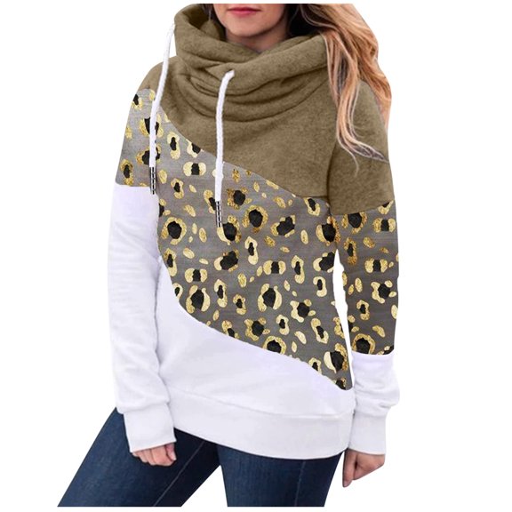 Fesfesfes Women Hooded Casual Polka Leopard Print Contrast Long Sleeve Hoodie Sweatshirt Tops or