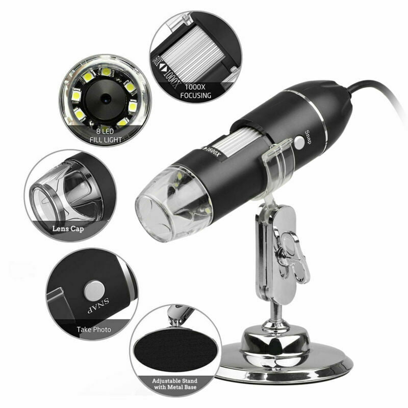 500X Magnification Adjustment Base Digital Magnifier Built-in 8 LED Strips Color : Black USB Computer Phone CHSSC HD Microscope 