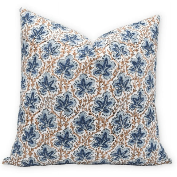 Fabdivine Block Print Throw Pillow Cover, 18x18 Inch Thick Cotton White Decorative Cushion Cover, Floral Print Boho Design Blue Pillow Cover for Sofa and Couch