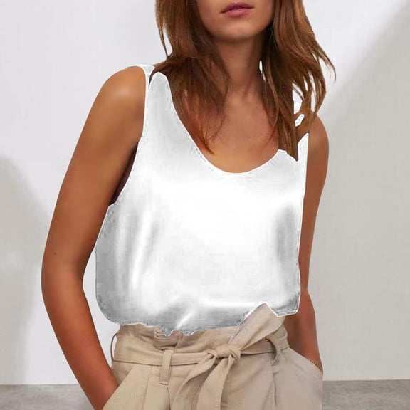 Womans Tank Tops Loose Fit Woman's Satin Sleeveless Top Round Neck Trade Color Ding Loose Vest Tank Tops White