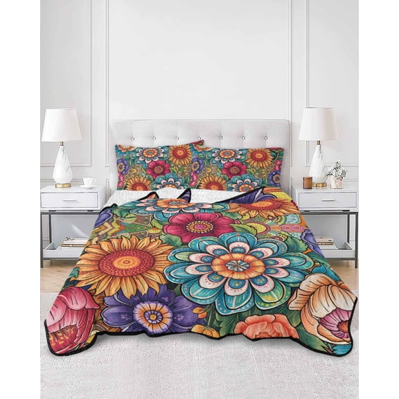 Quilts King Size, Boho Teal Flower Soft Comforter Bedding Set for Bed, Spring Bohemia Chic Red Yellow Floral Lightweight Quilted Bedspread with Pillow Cover(2 Pieces) for All Season, 96x106 Inch