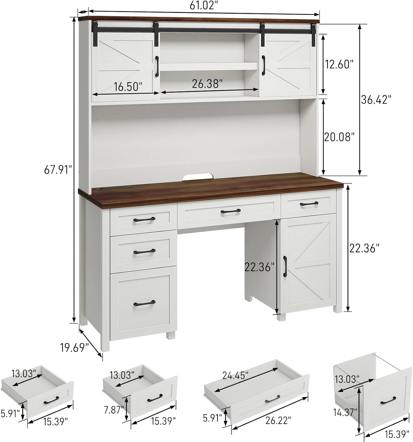 Vabches 61" W Executive Desk with Hutch, Farmhouse Office Computer Desk with 5 Drawers and Charging Station & File Cabinet, Wood Writing Study Table