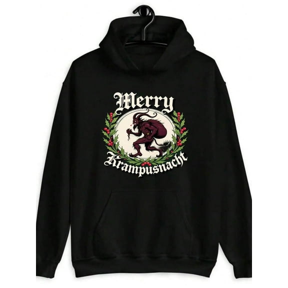 Christmas Krampus Night Hoodie - Austrian Christmas Horror Pattern Hoodie With Krampus, Merry Christmas Text - Unisex Black Hoodie - Loose Fit Winter Party Outfit, Festive Sweater - Merry Christmas K
