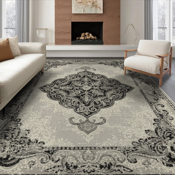 ODIKA 8'x10' Washable Area Rug Farmhouse Distressed Grey Vintage Scroll Border Stripe Greyrugs Flowing for Dining Room, Large Office, Lounge, Non-Slip Chair-Friendly Mat