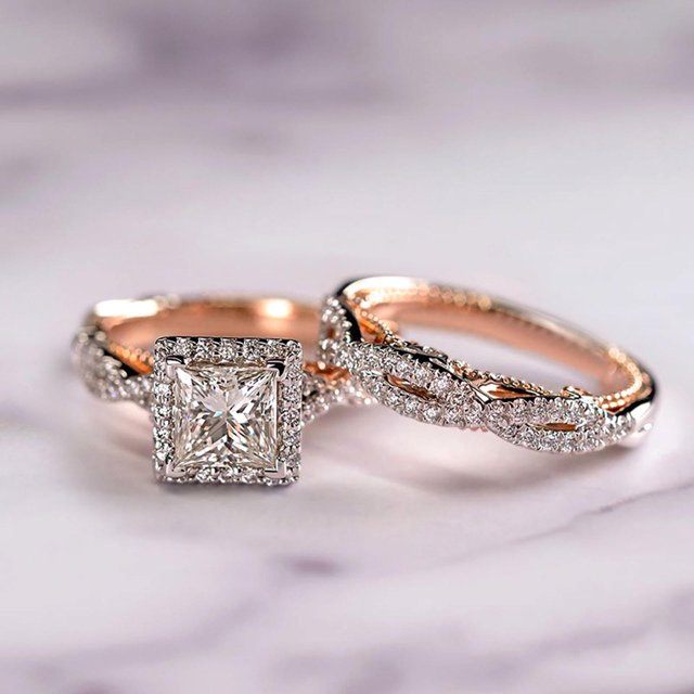 Anillo de tres piezas con circonitas brillantes con separación de color en oro rosa Wmkox8yii fajkfhkj3298