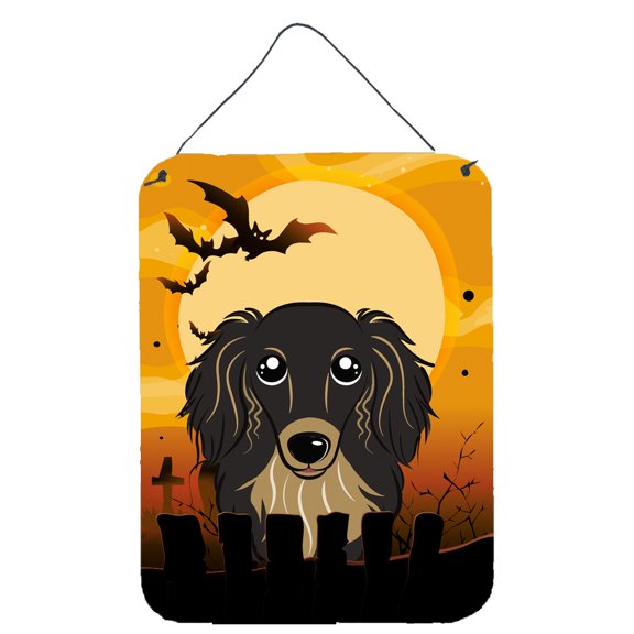 Halloween Longhair Black and Tan Dachshund Wall or Door Hanging Prints