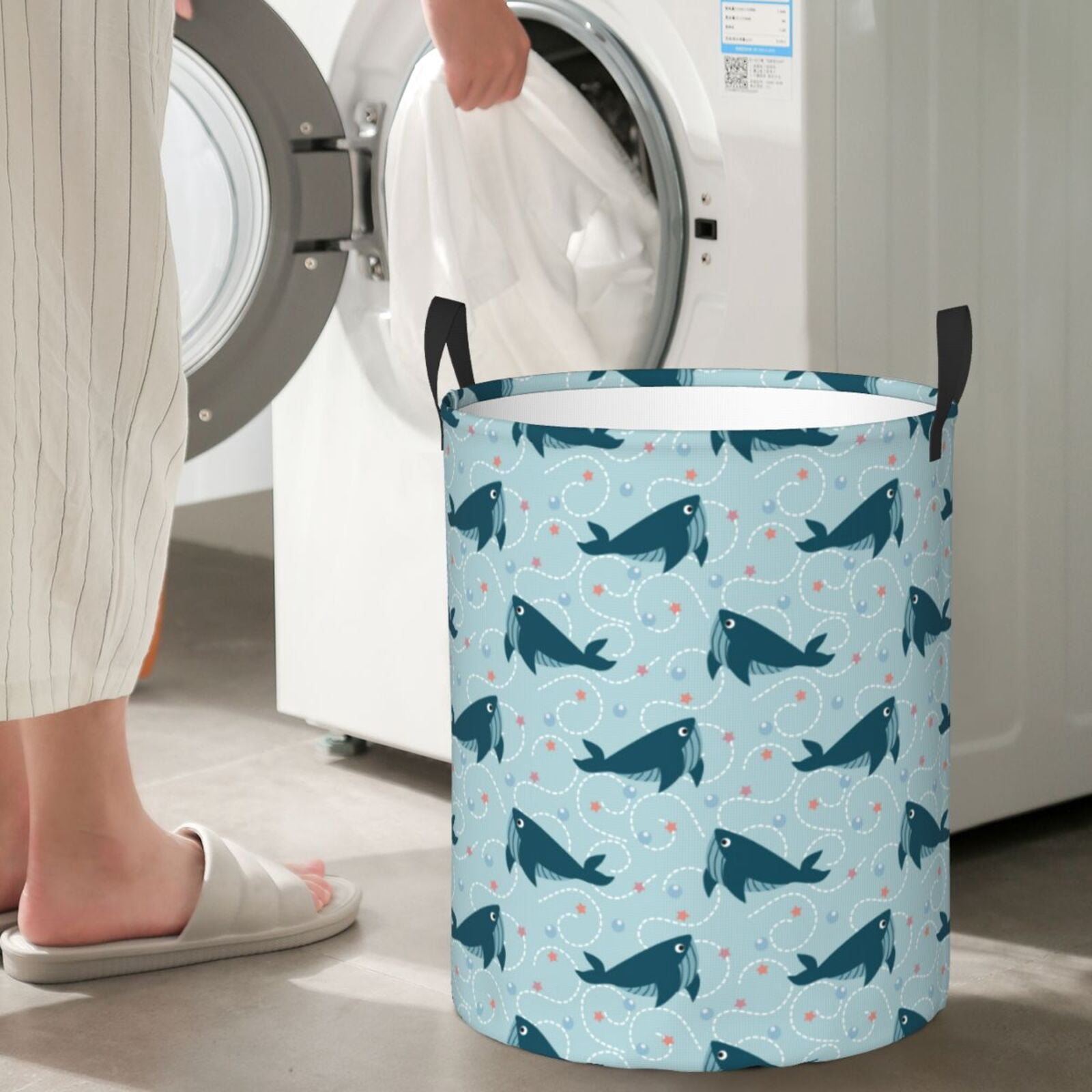 Large Laundry Basket with Handles - Bohemian Cartoon Cute Shark Kids Baby Dirty Clothes Laundry Hamper for Bedroom Aesthetic