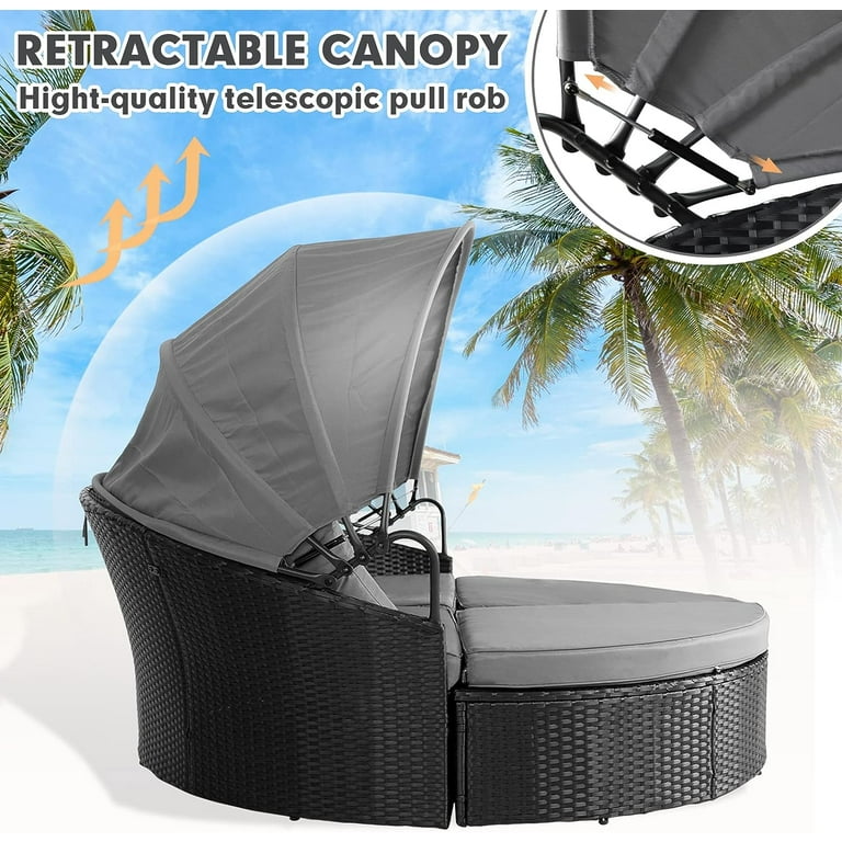 SUNCROWN 4 Piece Outdoor Round Canopy Daybed Black Wicker Patio Furniture Set with Cushions