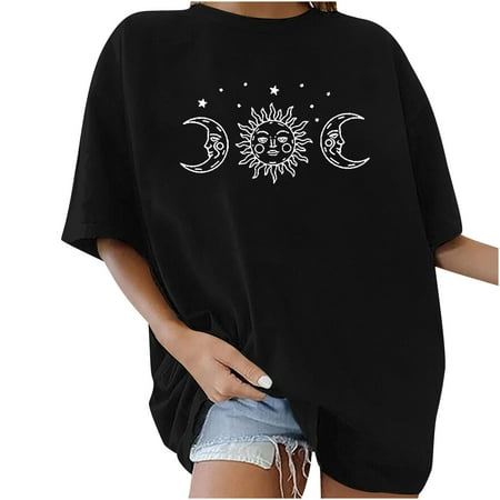 

YFPWM Women Shirt 2022 Scrub Tops Summer Tops Sequin Tops Fringe Tops Corset Tops Nursing Tops Juniors Tops Vintage O-Neck Sun Moon Print Pattern Short Sleeve T-shirt