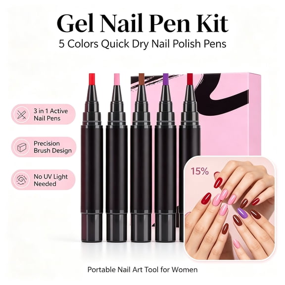 Gel Nail Pen Kit - Nail Polish Pens Quick Dry for Women- 3 in 1 Active Nail Polish Pens Color Marker Set, 5 Colors Precision Brush Design, No UV Light Needed, Portable Nail Art Tool