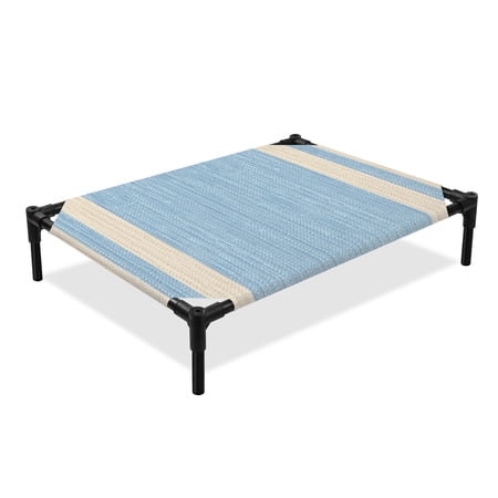 Ocean Blue Stripe Elevated Dog Bed Modern Geometric Classic Linear Slub Fabric Texture Cooling Breathable Outdoor Raised Dog Cot Bed with Metal Frame Non-Slip Feet for Medium Dog 24x20in
