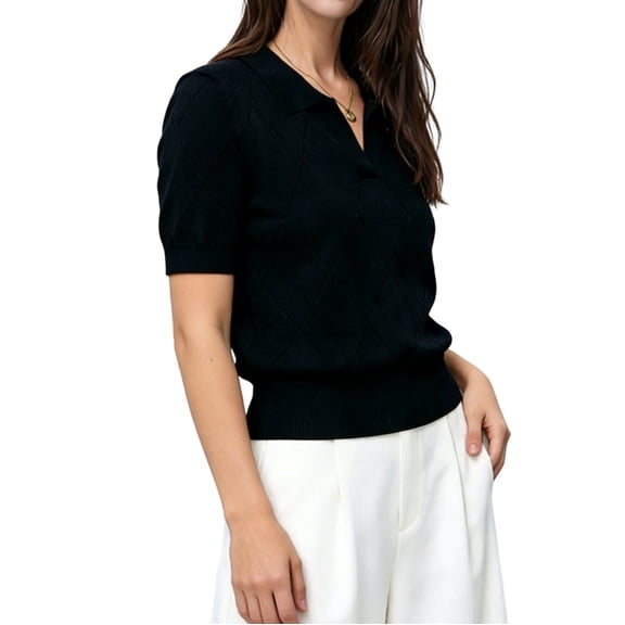 Women'S Short Sleeve Po-Lo Sweater Knit V Neck Pullover Shirt Summer Top Black S
