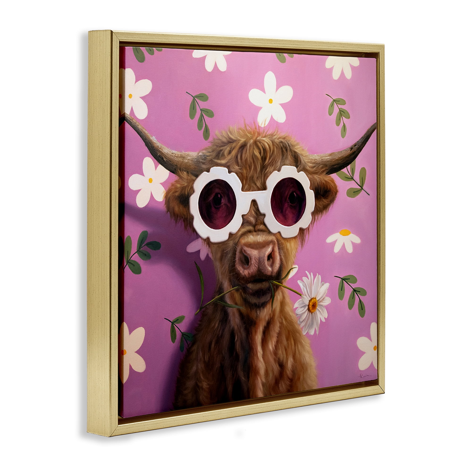 Stupell Industries Fresh As A Daisy Cattle Gold Framed Floater Canvas Wall Art, design by Lucia Heffernan