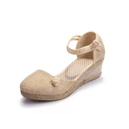 

Rotosw Ladies Heeled Sandals Closed Toe Casual Shoes Mid Heel Espadrilles Sandal Lightweight Ankle Strap Wedge Heels Daily Breathable Beach Shoe Beige 7.5