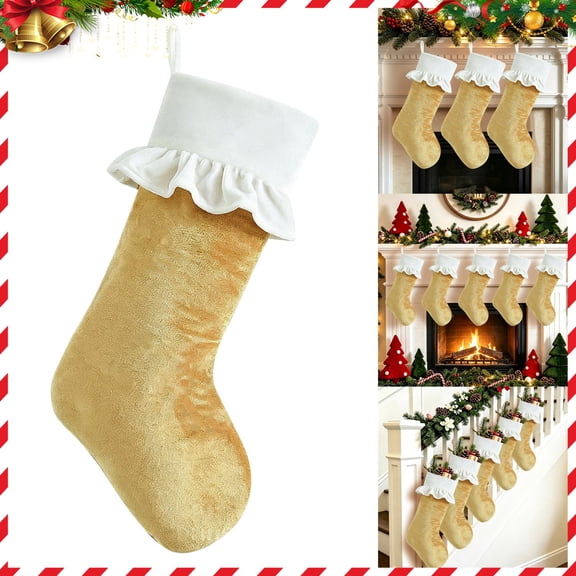 Two-Tone Christmas Stocking, 18.9 in Velvet Stocking with White Ruffled Cuff and Hanging Loop, Fireplace Mantel Decor, Gold, bldnkj