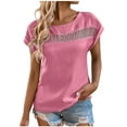 thumbnail image 2 of LOVZFMLL Hauts d'Été pour Femmes Mode Col Rond Uni Manches Courtes Patchwork Blouse, 2 of 6