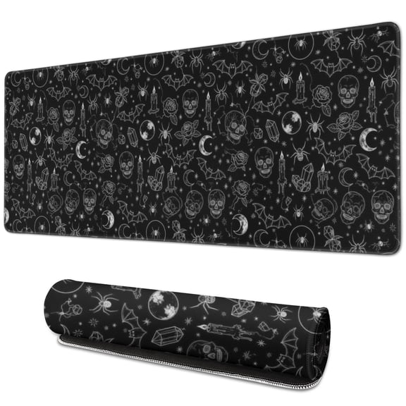 Long Mouse Pads for Desk,Black White Halloween Skull Bat Moon Desk Mats on Top Of Desks, Desk Mouse Pad Extra Large with 3mm Non-Slip Base and Stitched Edge for Gaming,Work,Home 31.5"x11.8"
