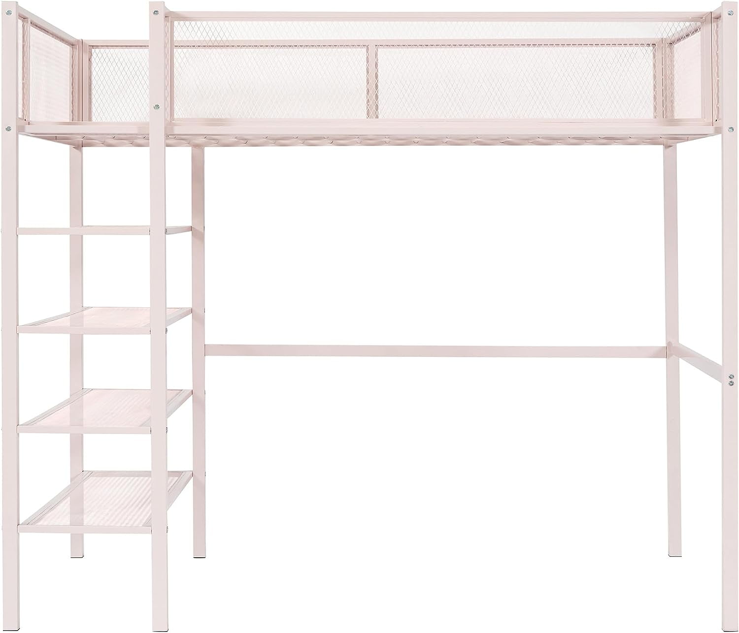 DEALTOPS Twin Size Metal Loft Bed with 4-Tier Shelves and Storage - Pink