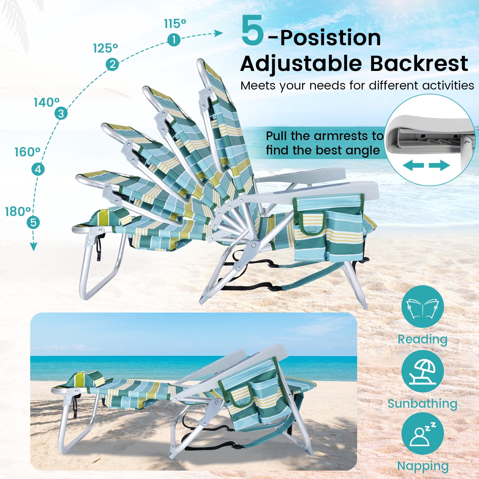 5 Position Adjustable Beach Chair with Cooler Cup Holder Storage Pockets, Foldable Backpack Beach Lounge Chair Aluminum Frame Supports 330 LBS 600D Oxford Fabric