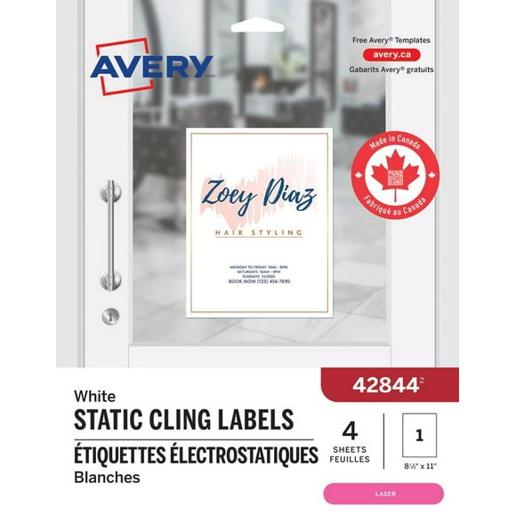 Étiquettes électrostatiques blanche Avery, 8½" X 11", repositionnable, pour imprimantes laser - 42844