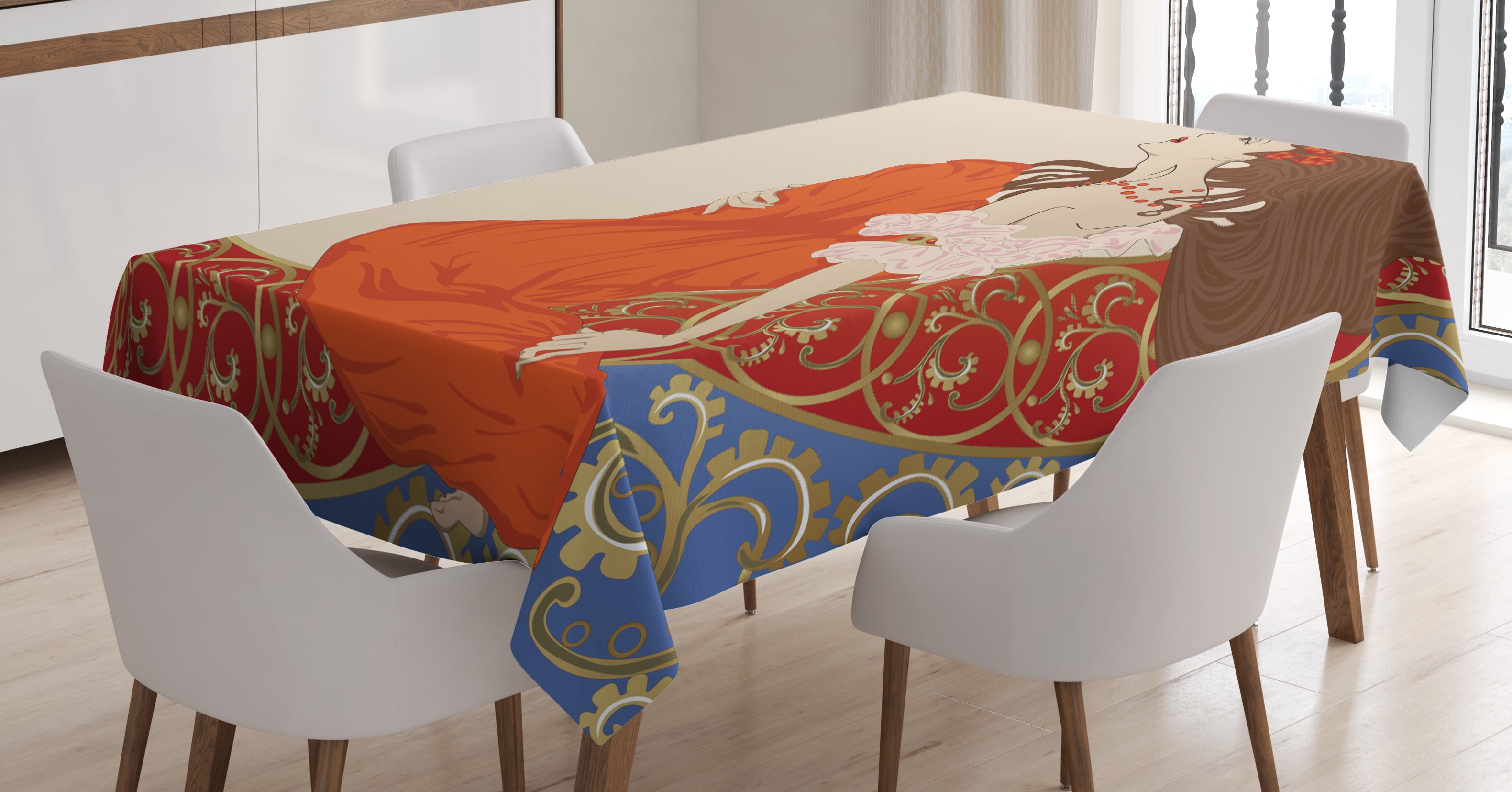 Art Nouveau Tablecloth, Antique Woman in an Old Fashioned Medieval Dress Floral Rich Framework