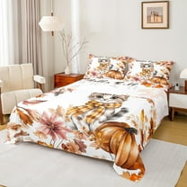 Manfei Cute Cat Kitten Twin Sheet Sets for Teens, Fall Maple Leaf Pumpkin Twin Fitted Sheet, Kawaii Animal Flat Sheet, Microfiber Bedroom Decor, 3pcs