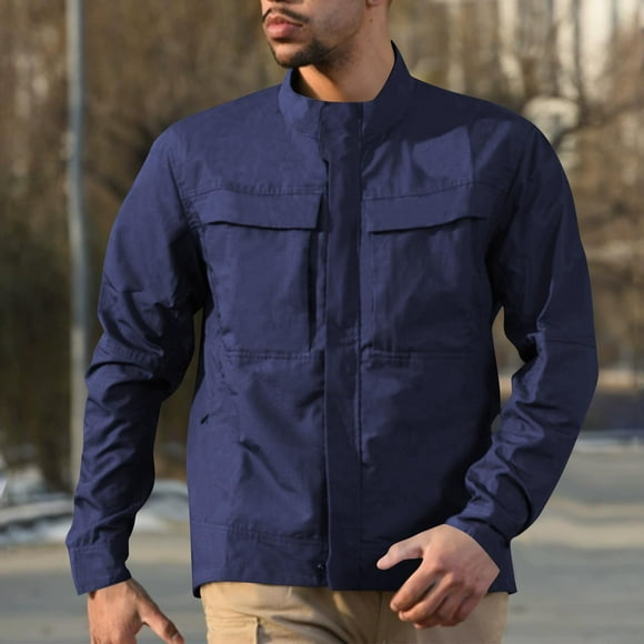 Lekwk Mens Work Jacket Full Zip Stand Collar Jackets Fashion Chore Coat With Multi Pockets Windproof Warm Outerwear Solid Color Windbreaker
