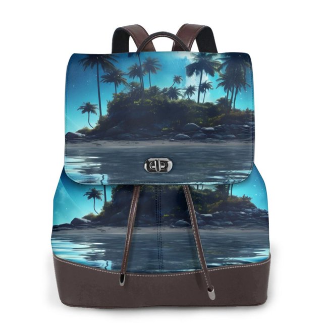 Balery Hawaiian Beach Pirate Moon Mochila de Cuero para Mujeres, Gran Capacidad, Bolsa de Viaje Multifuncional, Mochila de Cuero y Bolsa de Hombro para Mujeres