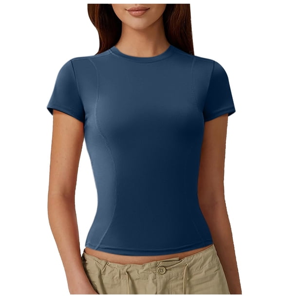 Tops de manga corta para salir para mujer - Corte ajustado muy elástico, tejido como una segunda piel, fibras sostenibles, silueta favorecedora para fiestas y clubes de playa