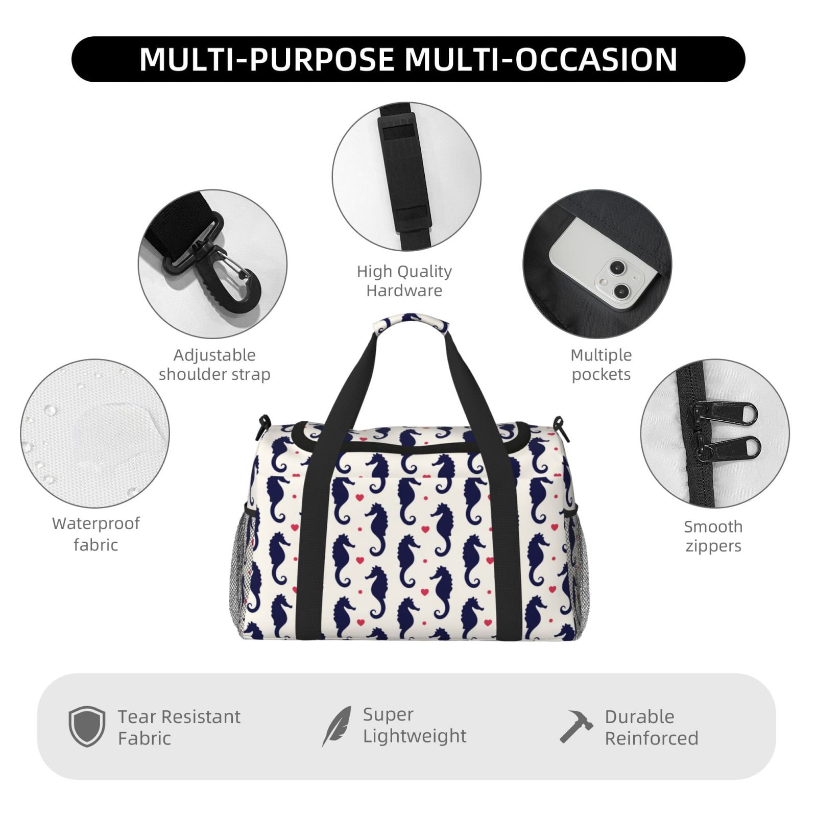 Fuzoiu Seahorses and Hearts Print Travel Duffle Bag,Carry On Tote Bags,Duffel Bag,Sport Gym Bag, Hospital Bag for Labor and Delivery, Overnight Bag,Luggage Bag