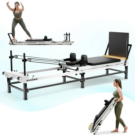 Syedee Foldable Pilates Equipment for Home Workouts,Balanced Body Pilates Reformer Machine for Home and Gym, Pilates Exercise Equipment with Jump Board, 220lbs resistance 5 Springs