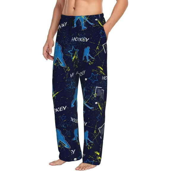 Mens Pajama Pants Bottoms with Pockets - hockey players blue cool Comfy Mens Pj Pants, Soft Men Lounge Pants