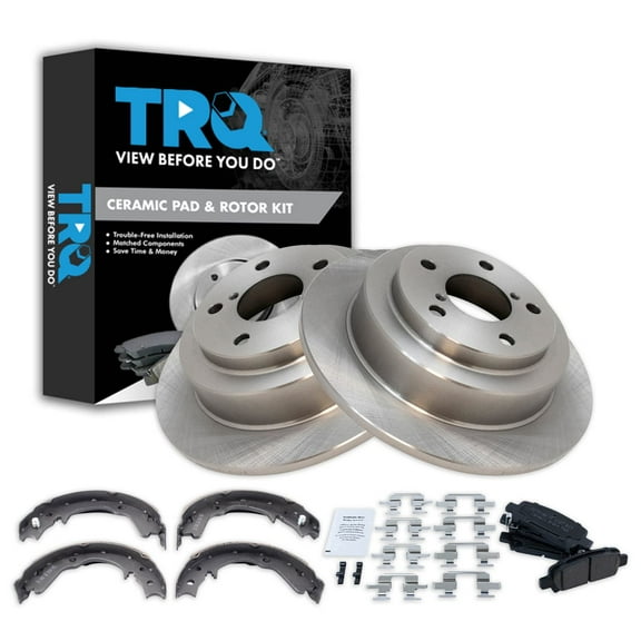 TRQ Rear Brake Pad & Rotor Kit Brake Pads Brake Rotor Parking Brake Shoe Set Ceramic Fits Select 1998-2003 Subaru Forester 1999-2003 Impreza