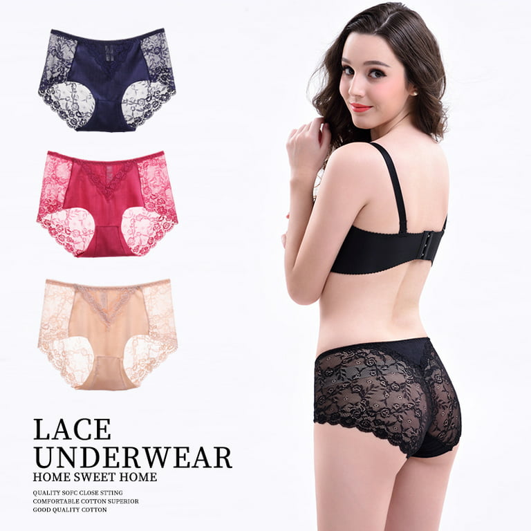 Women's Lace French Underwear Mid-Waist Sexy Breathable Hipster Panties  Stretch Seamless Briefs GB13 Black L 