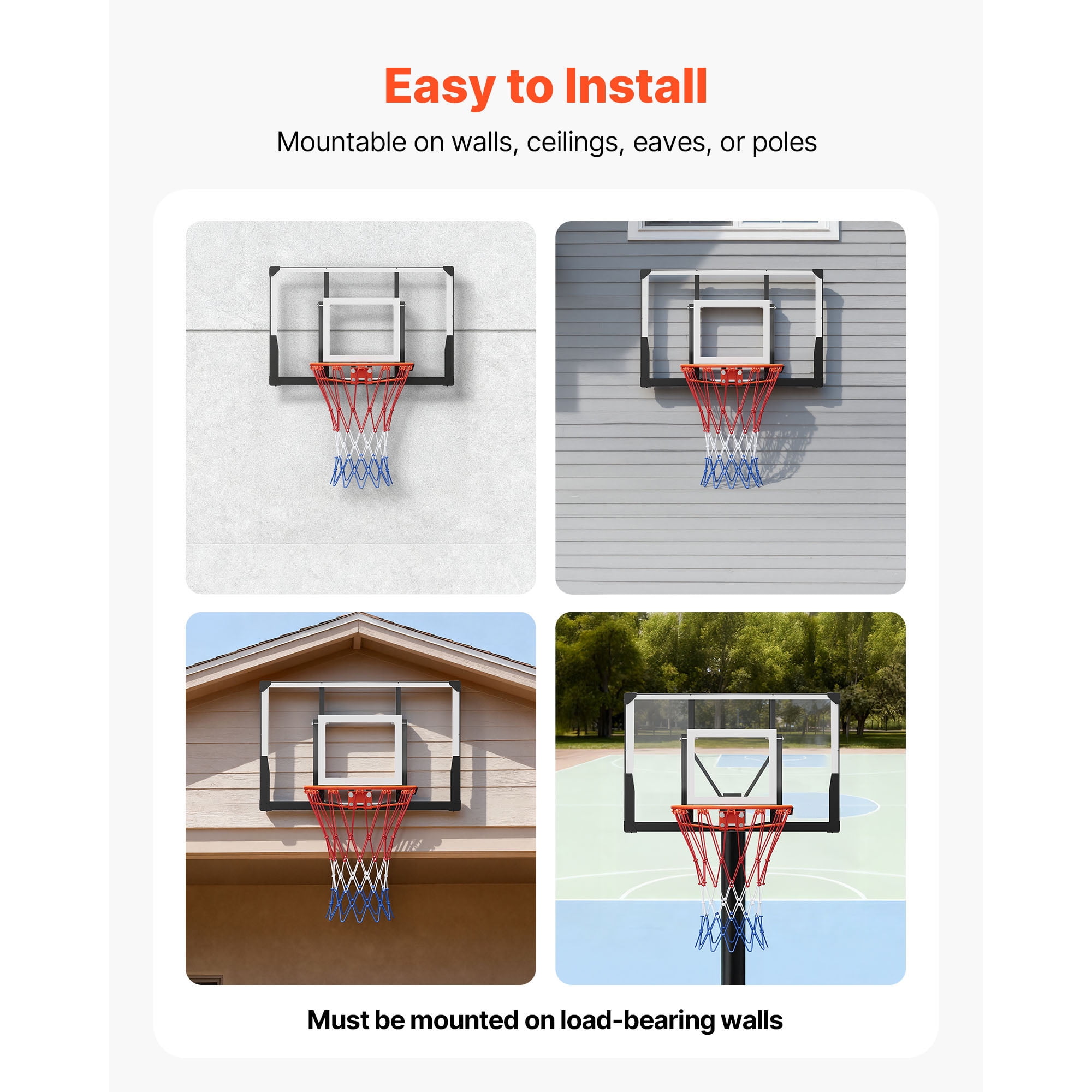 KFFKFF Wall-Mounted Basketball Hoop, 44-inch PC Backboard with Durable Steel Frame, 0.08-inch Thick Backboard, Reinforced Nylon Net, Suitable for Indoor and Outdoor Play