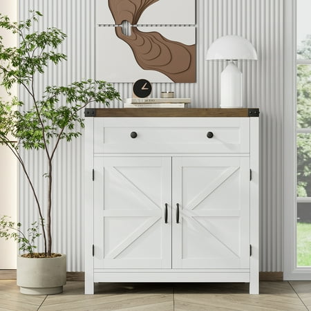 Homfa Farmhouse Buffet Sideboard with Drawer  Coffee Bar with Adjustable Shelf for Kitchen Dining Room Entryway  White