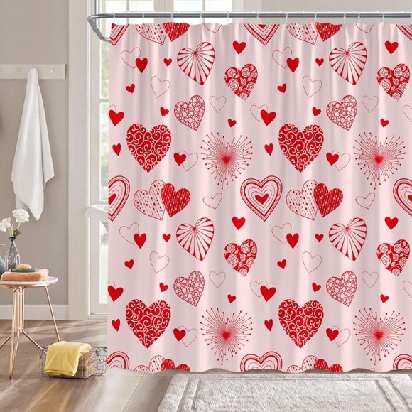 Valentine''s Day Shower Curtain Red Pink Heart Romantic Sweet Love for Lover Couple Creative Bathroom Decor Fabric Curtain with Hooks