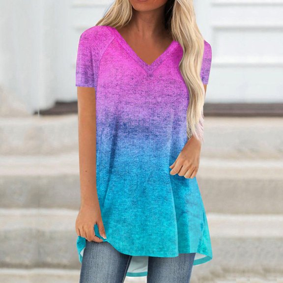 Fartey Plus Size Short Sleeve Tunic Long Tops for Women Trendy Loose Flowy Summer Shirts Casual Elegant V Neck T Shirt Fashion Gradient Print Blouses Blue S-3XL