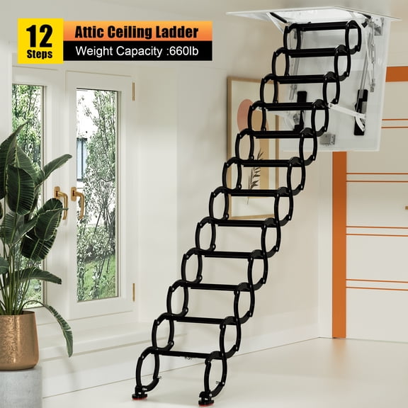 Motor Genic 12 Steps Black Loft Wall Folding Pulldown Attic Ceiling Ladder Stairs 39.4*27.6"