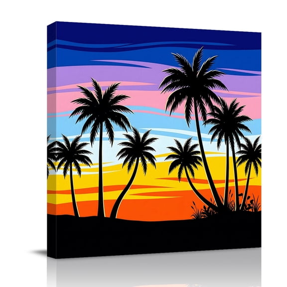Canvas Wall Art Coastal Sunset Canvas Art Print Palm Trees Beach Ocean Summer Pictures Wall Decor for Living Room Bedroom Artwork Decorations Stretched Framed Ready to Hang 8"x8"