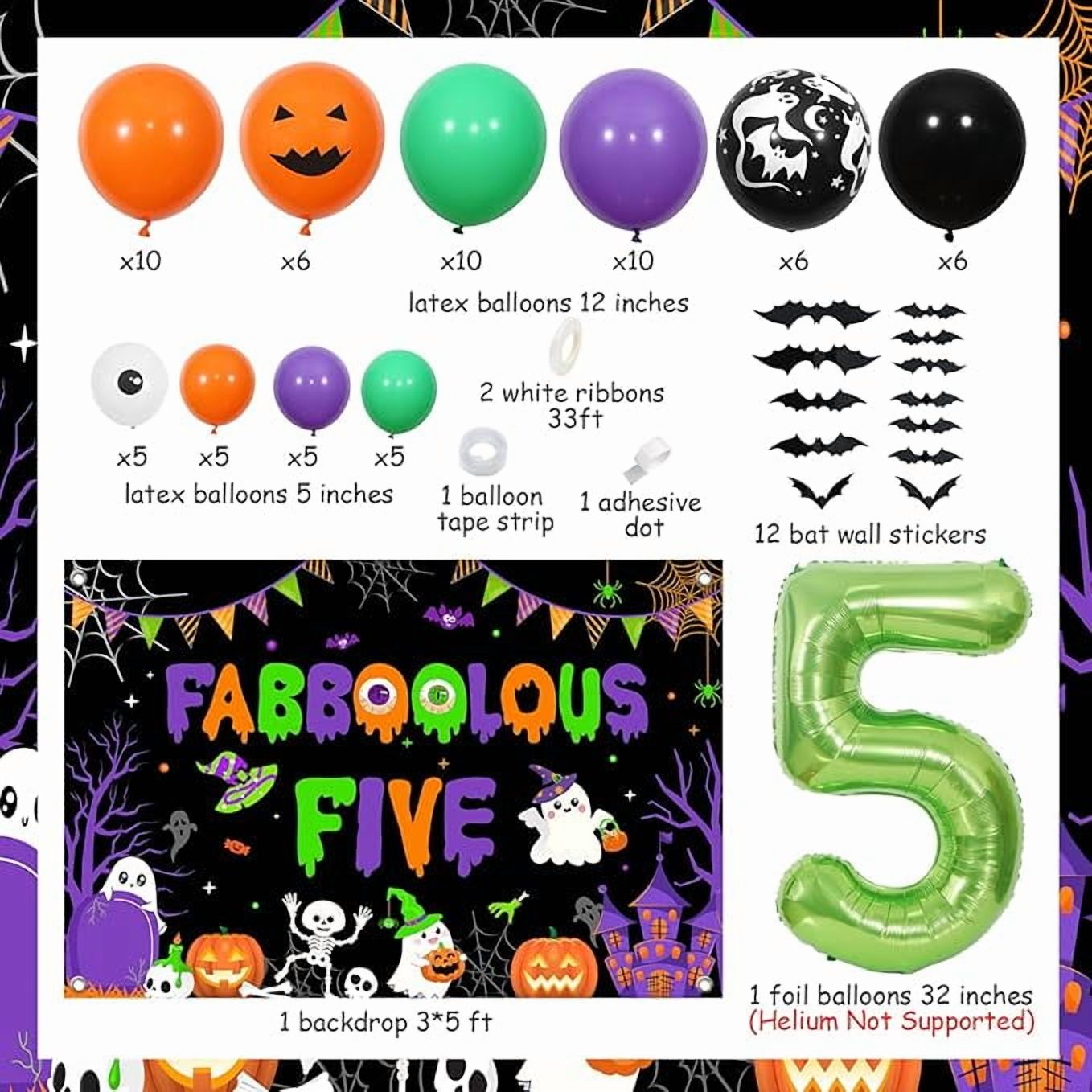 Halloween 5th Birthday Decorations Boy Girl - Orange Green Purple Halloween Balloons Garland Arch Kit with Fabboolous Five Backdrop, Bat Wall Stickers, Number 5 Balloon