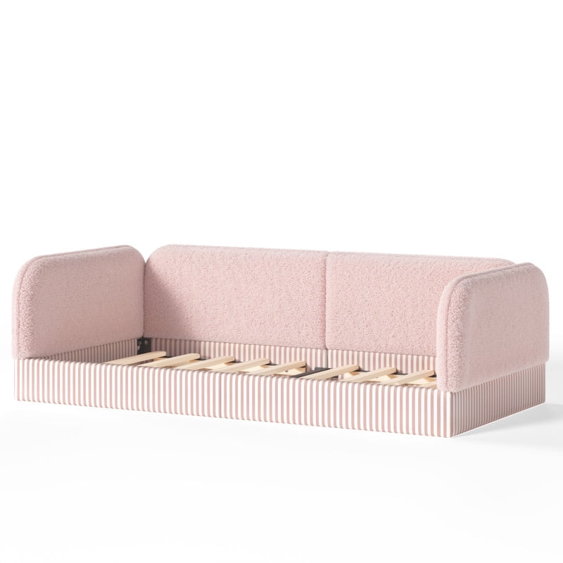 Twin Size Upholstered Floor Daybed Frame for Kids, Half-Enclosed Montessori Platform Bed with 3-Sided Surrounding Guardrails
