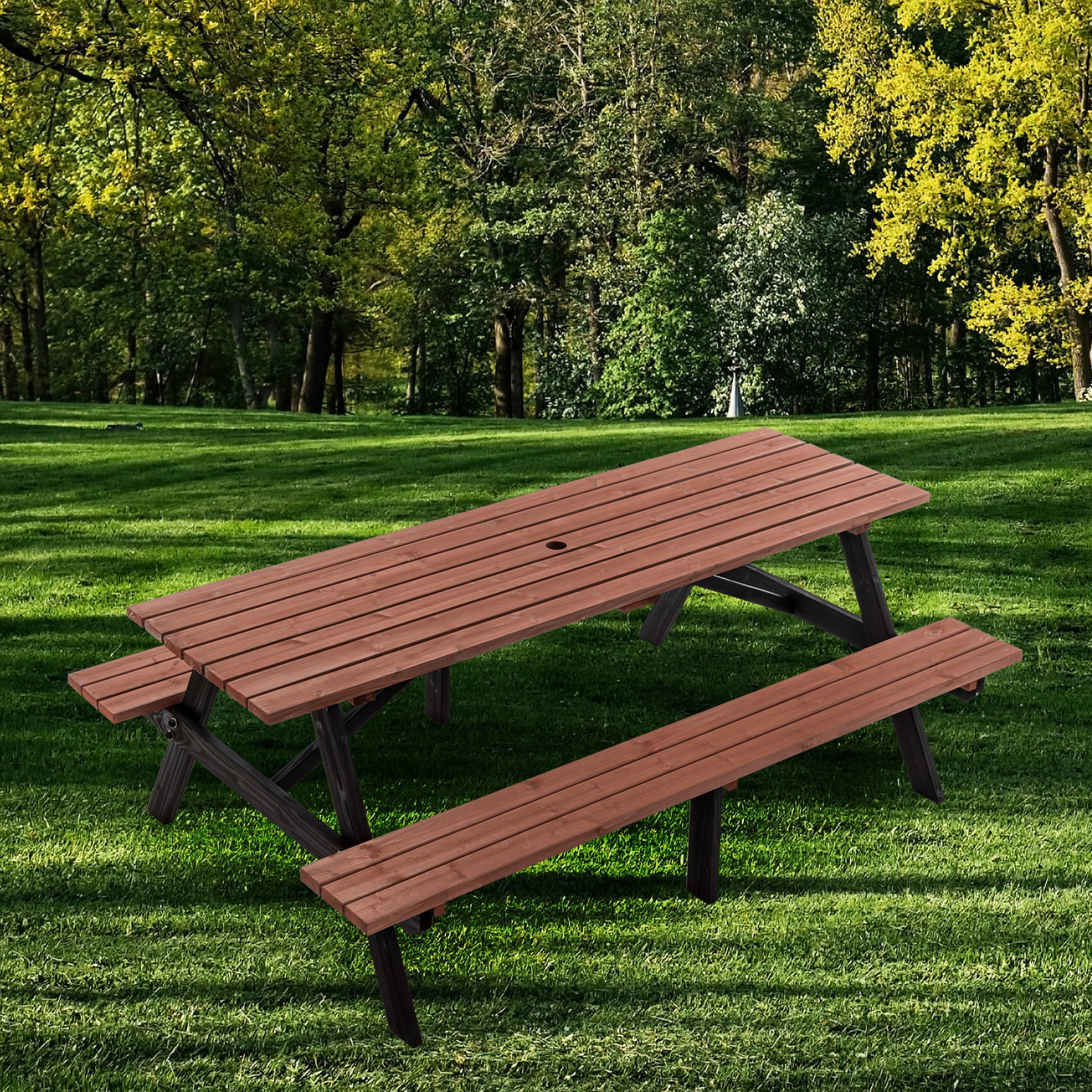 Noble House Arboris 8-Seat Outdoor Fir Wood Picnic Set, Heavy-Duty Patio Picnic Table with Built-in Benches, Brown
