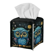Psesaysky Cute Square Tissue Box Cover PU Leather, Blue Owl Waterproof Car Tissue Holder Storage for Bathroom Vanity, Countertops, Dressers, Night Stand, Parlors and Offices