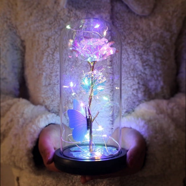 Xihbxyly Rosa Dorada Brillante, Luz Nocturna Led, Cúpula de Cristal Única, Efecto Led Colorido, Decoración Romántica para Dormitorio, Regalo para Esposa, Novia, San Valentín, Funciona con 3 Pilas Aaa
