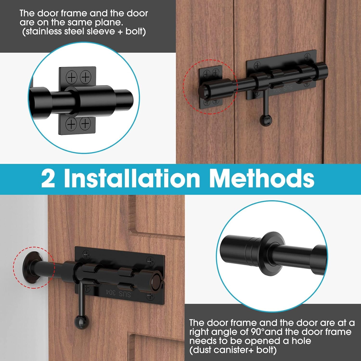 SONGAUN Slide Bolt Gate Latch Hardware, Barrel Bolt Latch, 6.3 Inch Heavy Duty Solid 304 Stainless Steel Black Finish Lock for Wooden Fence/Shed/Yard/Barn Door/Interior and Outdoor (Black)