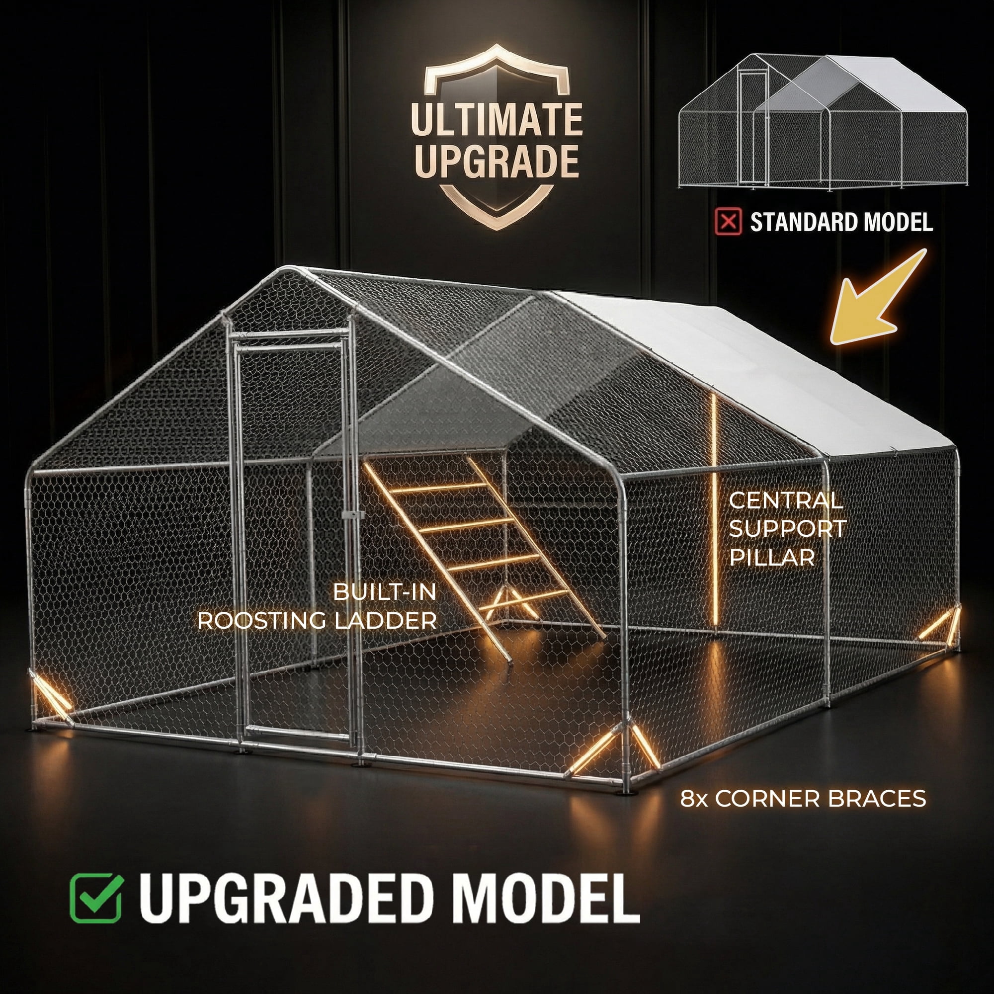 Efficraft Chicken Coop 2 Room Large Walk in Metal Poultry Cage with Waterproof UV Resistant Cover 13 x 9.8 x 6.5 ft